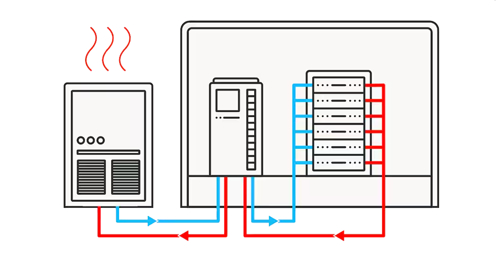 Diagram comparing an air-cooled condenser (heat rejected to the air) with an evaporative tower (heat rejected by evaporating water).