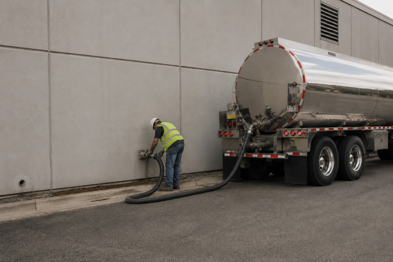 A tanker truck connected to the building's fill point, delivering the one-time charge for the sealed loop.